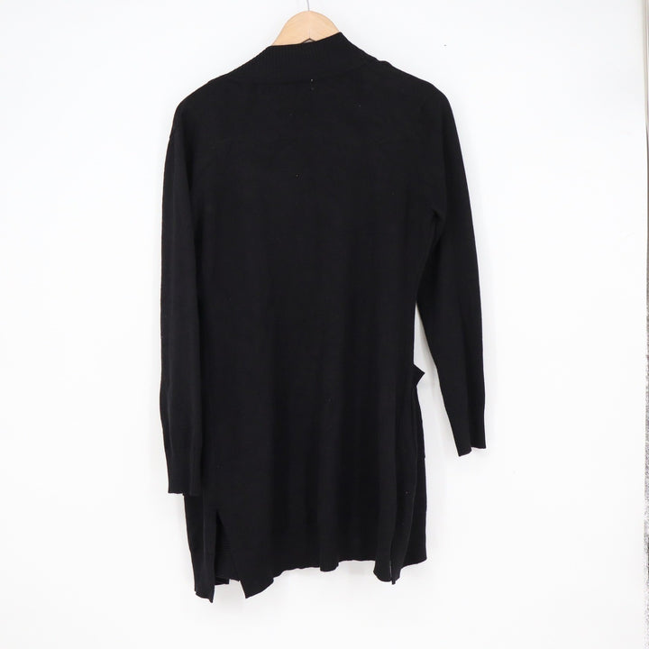 Young USA Womens Black Open Front Longline Cardigan Sweater Small Pockets Ribbed