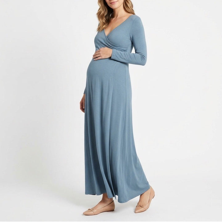 Motherhood Maternity Maxi Dress Womens Medium Teal Stretch Wrap V-Neck Pullover