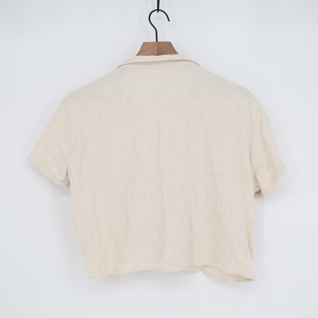 Love Notes Cream Linen Blend Short Sleeve Button Down Cropped Shirt Large
