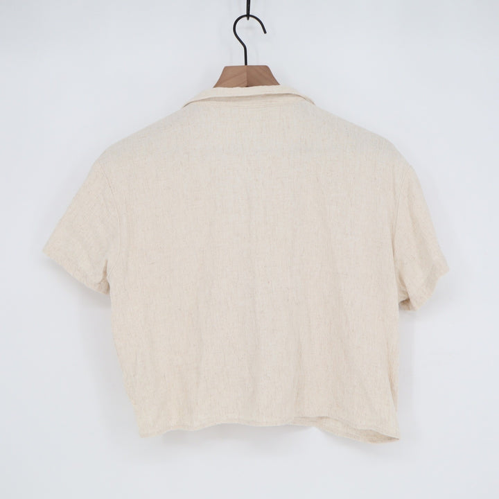 Love Notes Cream Linen Blend Short Sleeve Button Down Cropped Shirt Large