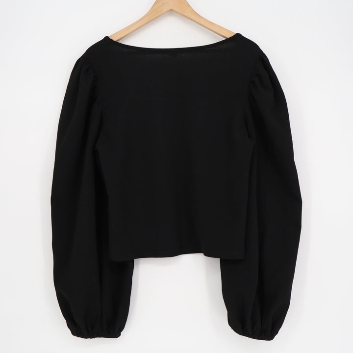 Cropped Blouse Womens XL Black Stretch Balloon Sleeves Squaer Neck Pullover