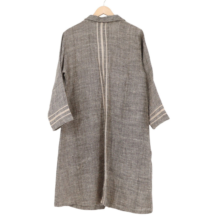 Namsar Grey 100% Linen Button Front Duster Shirt Dress Stripe Detail S/M India