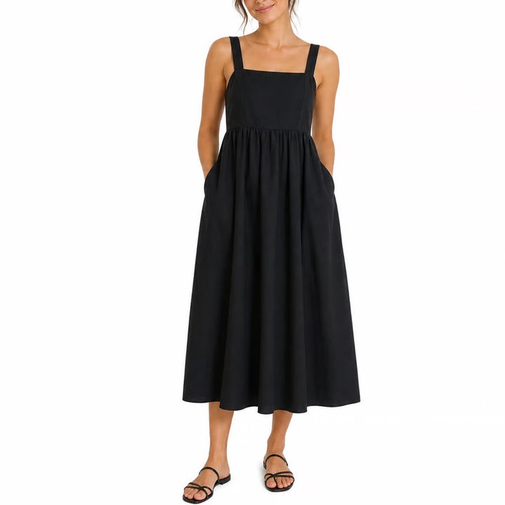 A New Day Black Cotton Square Neck Smocked Back Midi Dress Womens Medium
