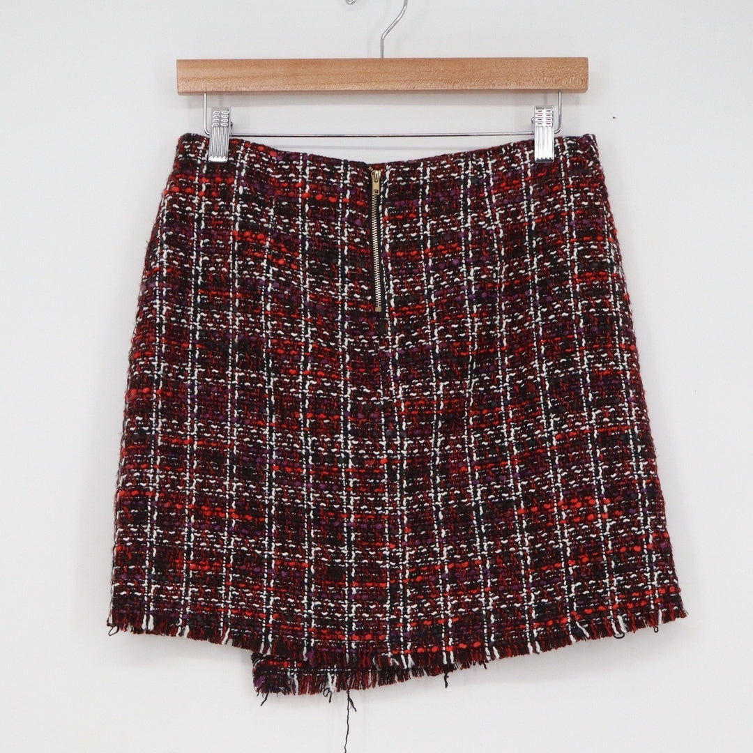 Naked Zebra Red Plaid Tweed Mini Skirt Gold Button Asymmetrical Frayed Hem S