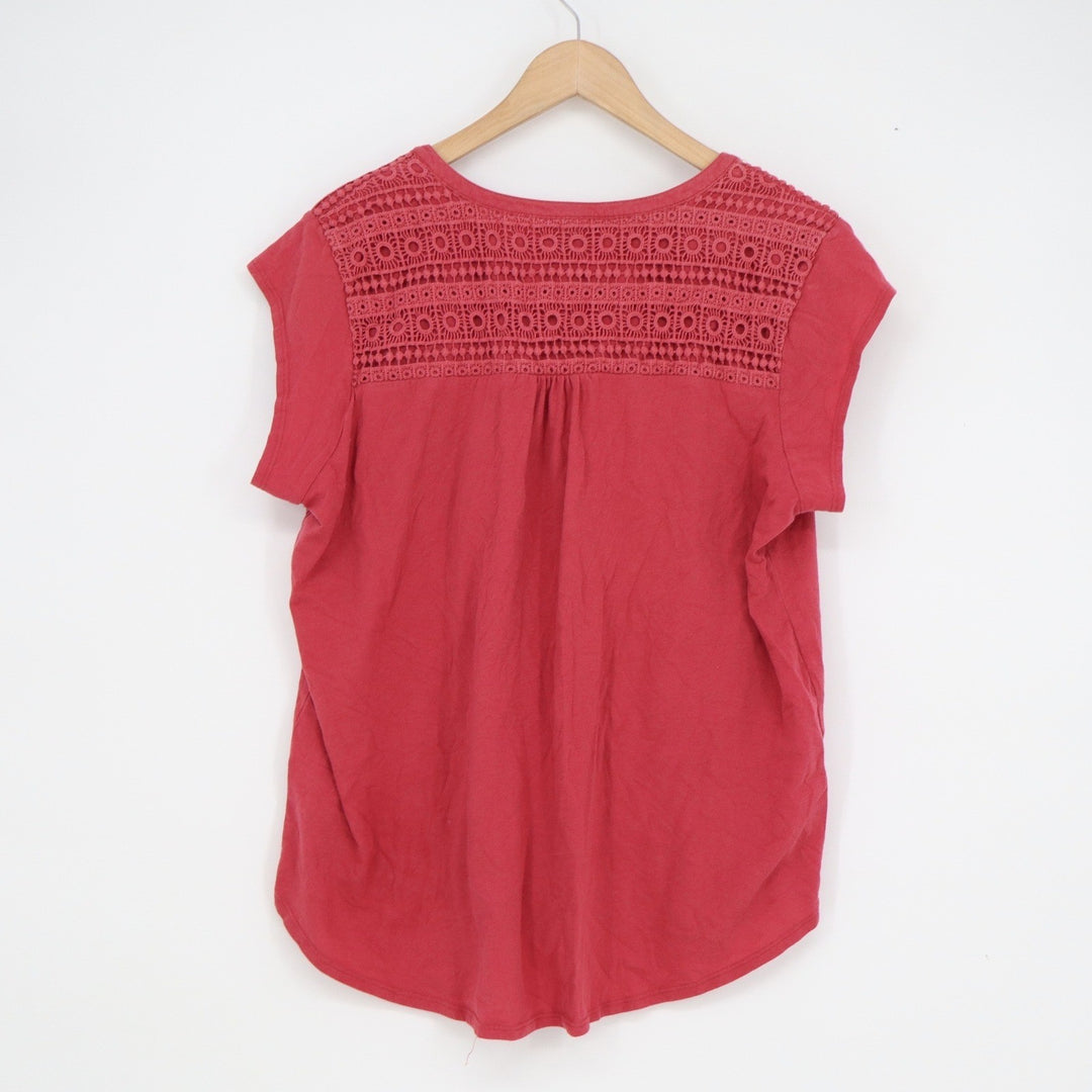 Orvis Red Crochet Lace Trim Split Neck Cap Sleeve Blouse Top Womens XL