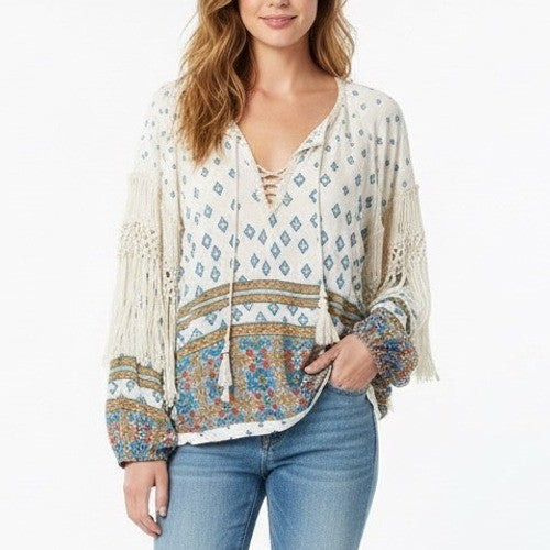 Free People White Blue Diamond Print Boho Fringe Long Sleeve Blouse Top L