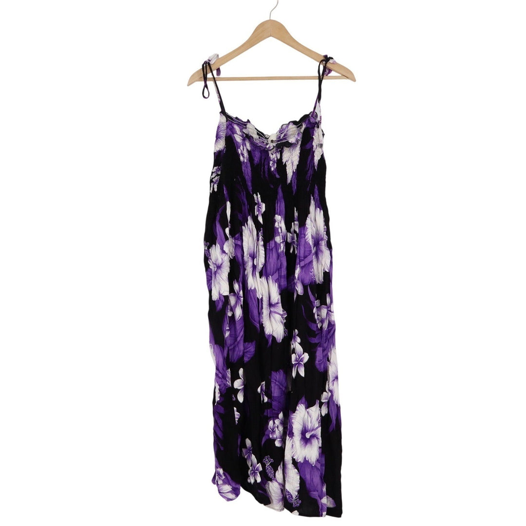 Ani's Fashion Purple Hibiscus Floral Smocked Midi Dress Plus Size Tie Straps