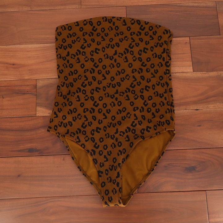 Aerie Bandeau One Piece Swimsuit Womens L Brown Leopard Print Textured Stretch