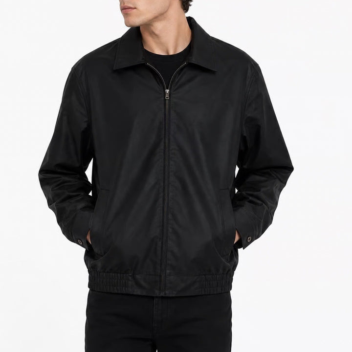 Mens Black Faux Leather Bomber Jacket Full Zip Collared Elastic Hem Small