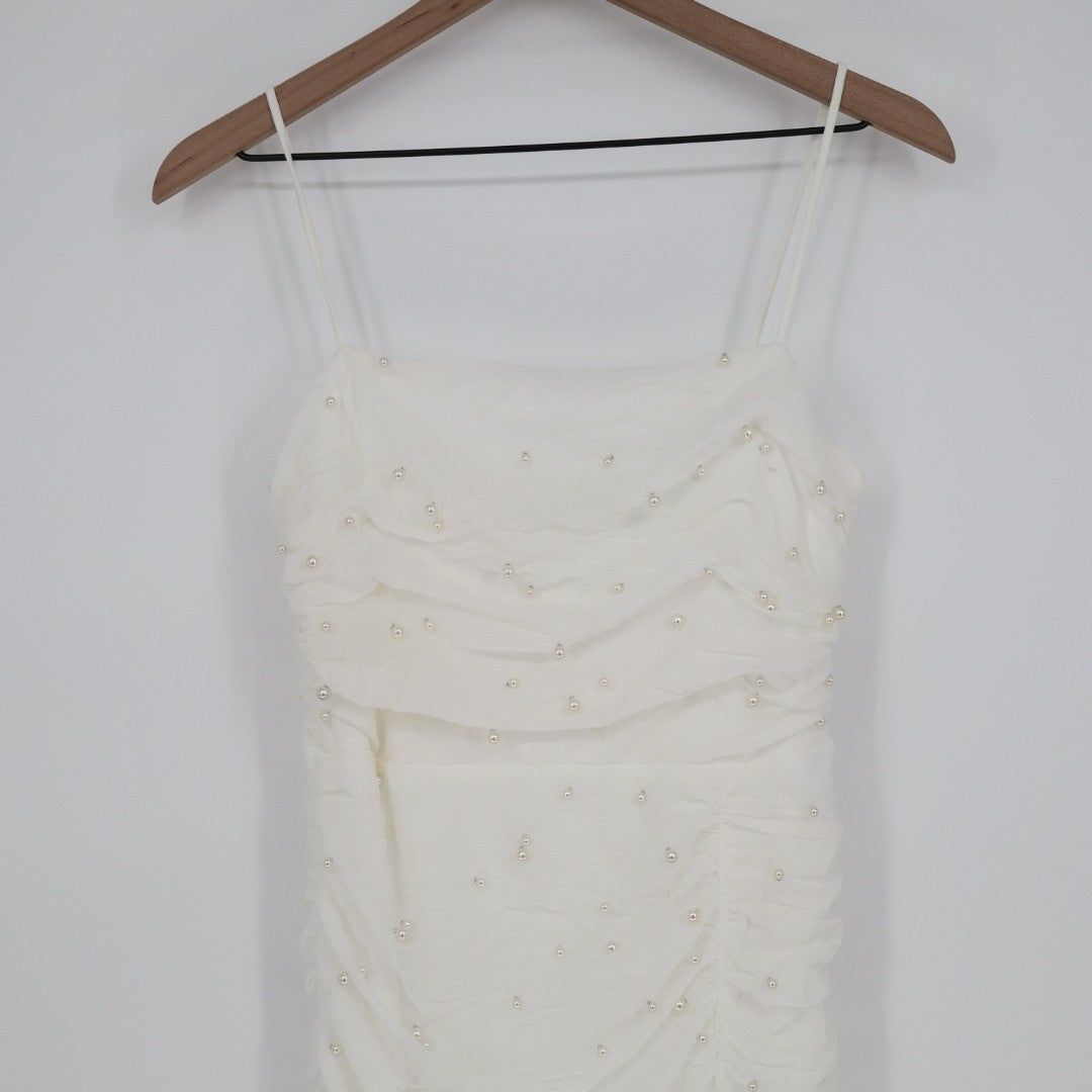 Lulus Toast to Romance Bodycon Midi Dress Women Large White Stretch Ruched Pearl