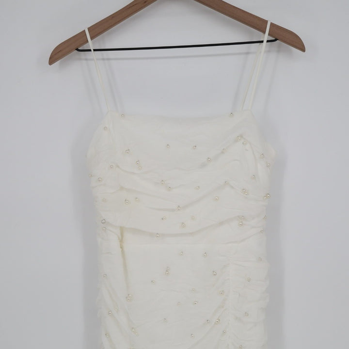 Lulus Toast to Romance Bodycon Midi Dress Women Large White Stretch Ruched Pearl