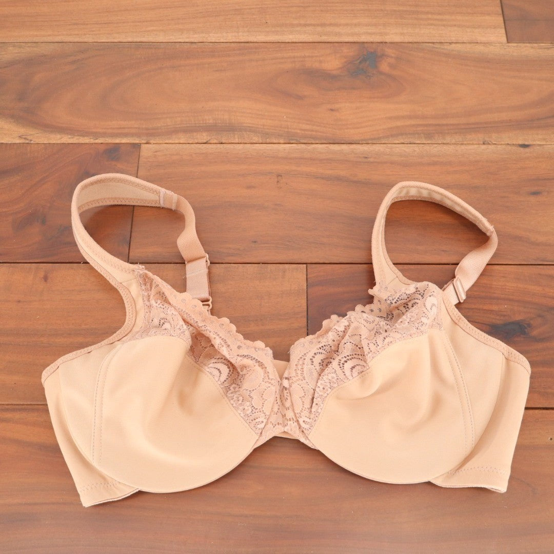 Glamorise Low Cut Wonderwire Lace Bra Women 34D Nude Nylon Stretch Full Coverage