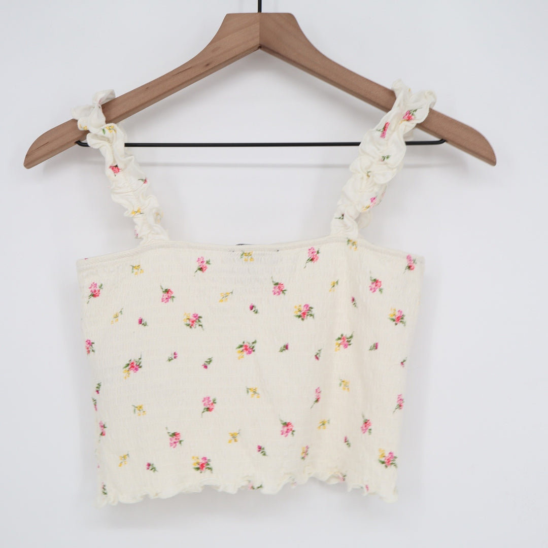 Forever 21 Cream Ditsy Floral Smocked Ruffle Strap Crop Top Small