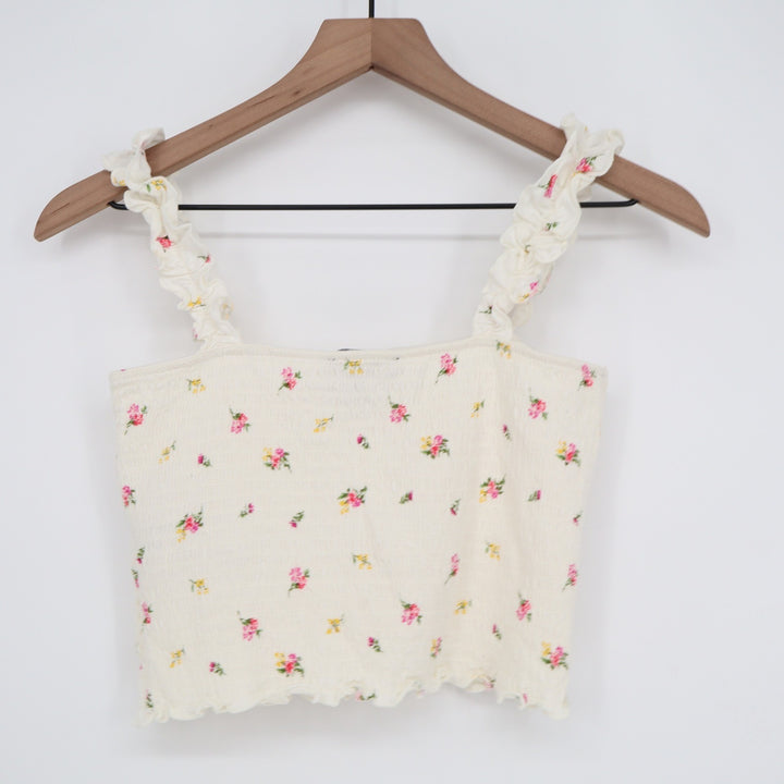 Forever 21 Cream Ditsy Floral Smocked Ruffle Strap Crop Top Small