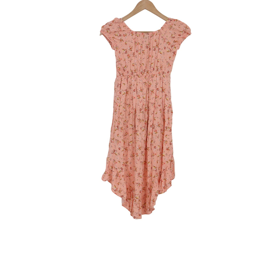 Art Class Girls Peach Floral High-Low Ruffle Dress Medium 8 Boho Short Sleeve