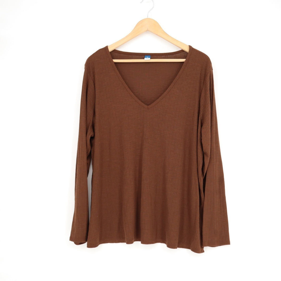 Old Navy Luxe Slub T-Shirt Womens XL Brown Rib Knit V-Neck Long Sleeve Pullover