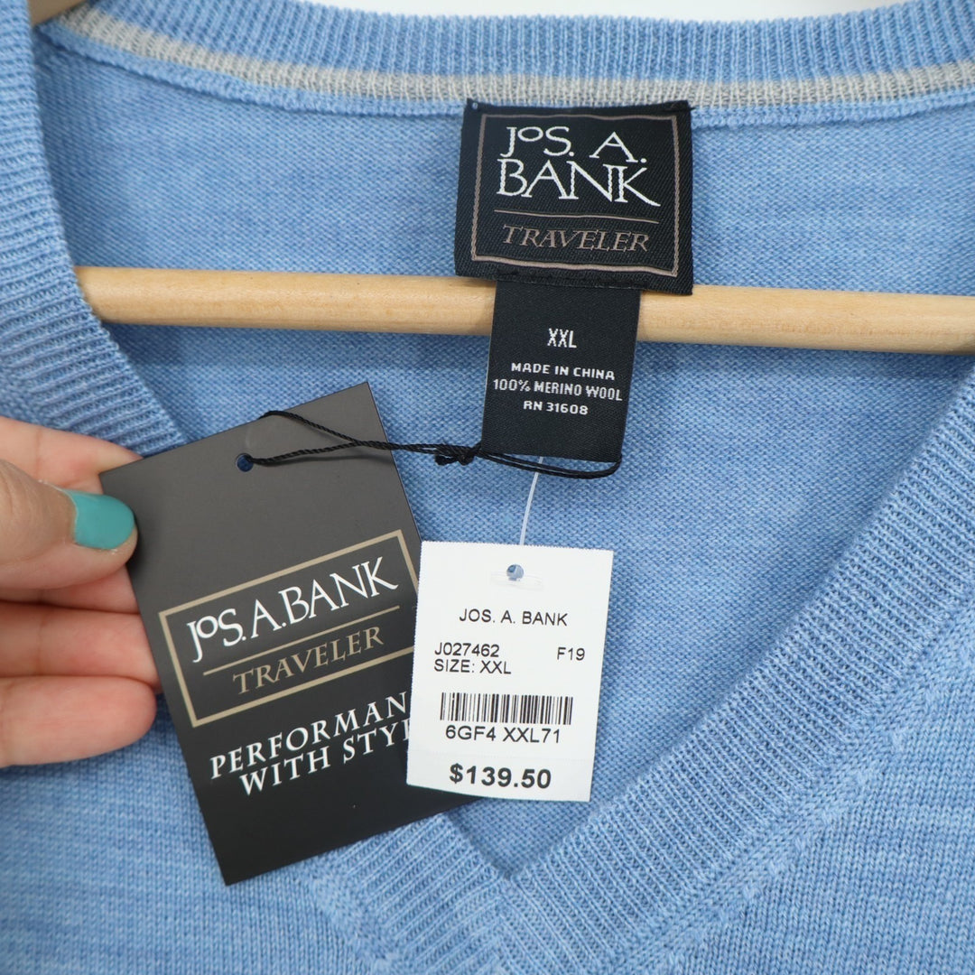 JOS. A. BANK Sweater Mens 2XL Blue Wool Tight Knit Long Sleeve V-Neck Pullover