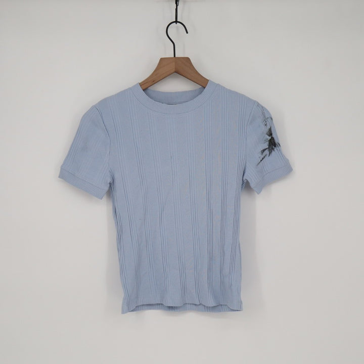 Zara Sweater Womens Small Light Blue Ribbed Knit Short Sleeve Crew Neck Pullover