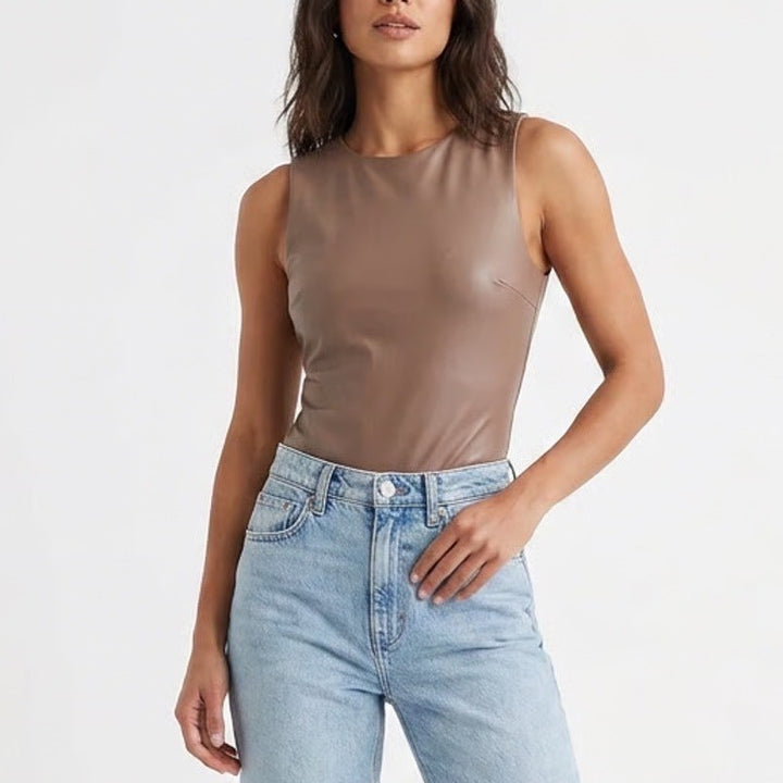 Express Body Contour Faux Leather Bodysuit Mocha Brown Sleeveless Small