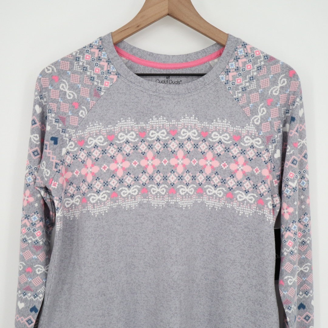Cuddl Duds Pajama Top Womens Small Gray Floral Stretch Long Sleeve Crew Neck