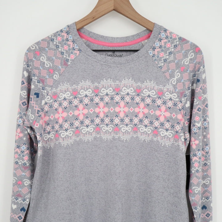 Cuddl Duds Pajama Top Womens Small Gray Floral Stretch Long Sleeve Crew Neck