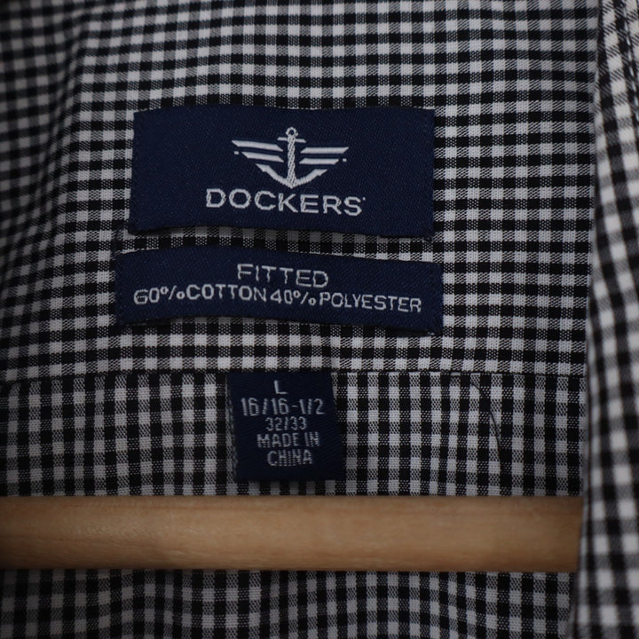 Dockers Mens Large Fitted Gingham Button Down Shirt Black White Long Sleeve L