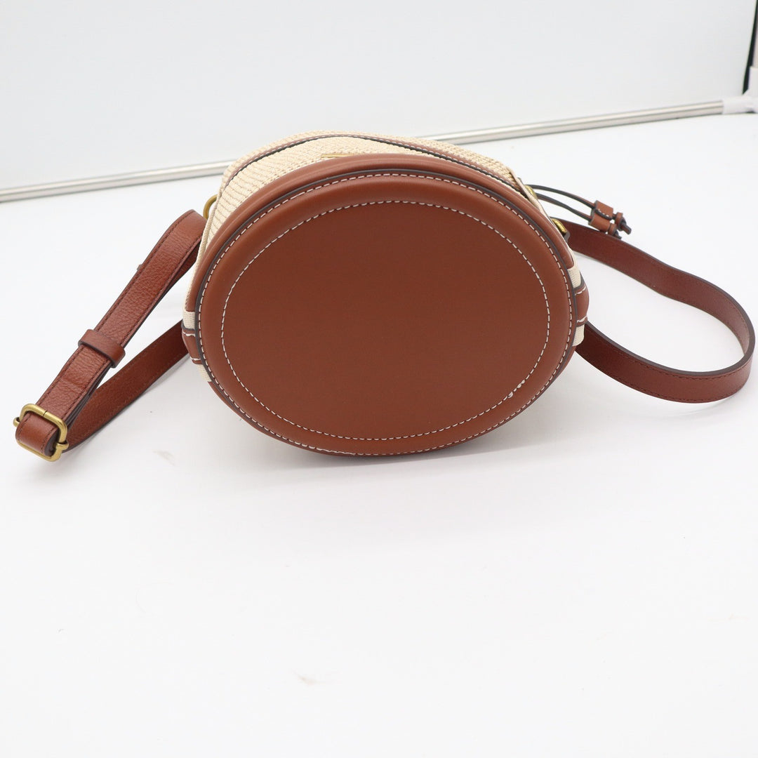 House of Harlow 1960 Woven Straw Leather Bucket Bag Brown Beige Crossbody