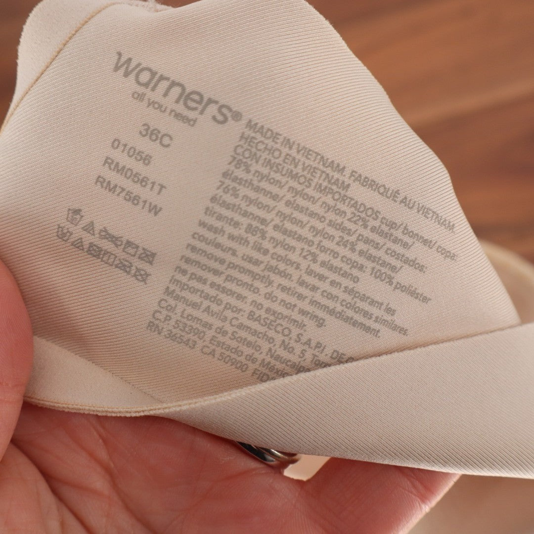 Warners Blissful Benefits Side Smoothing Bra Womens 36C Beige Polka Dot Wirefree