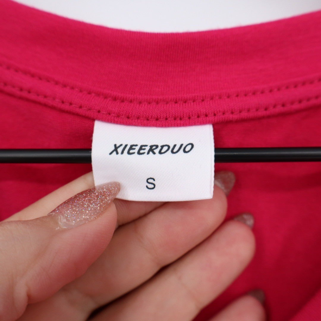 XIEERDUO Hot Pink V Neck Short Sleeve T Shirt Women Size S Rolled Cuffs
