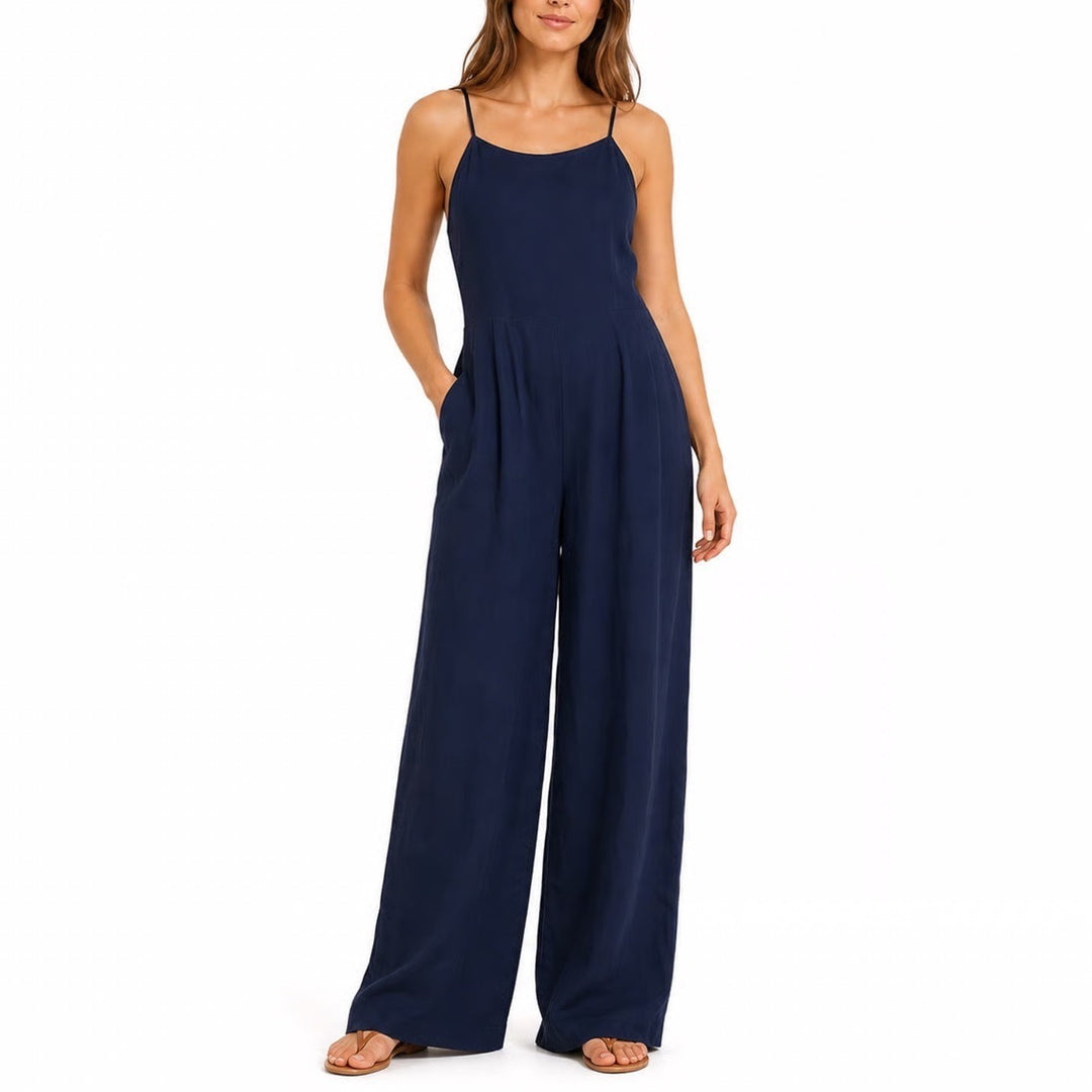 LOFT Navy Blue Linen Blend Wide Leg Tie Back Jumpsuit Size 16 Sleeveless High