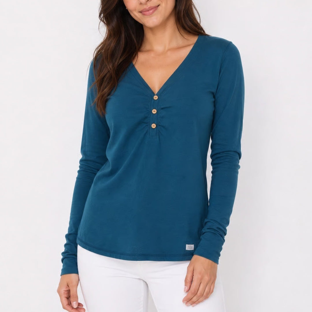 Eastern Mountain Sports Womens Teal Blue V-Neck Henley Long Sleeve Top Size M