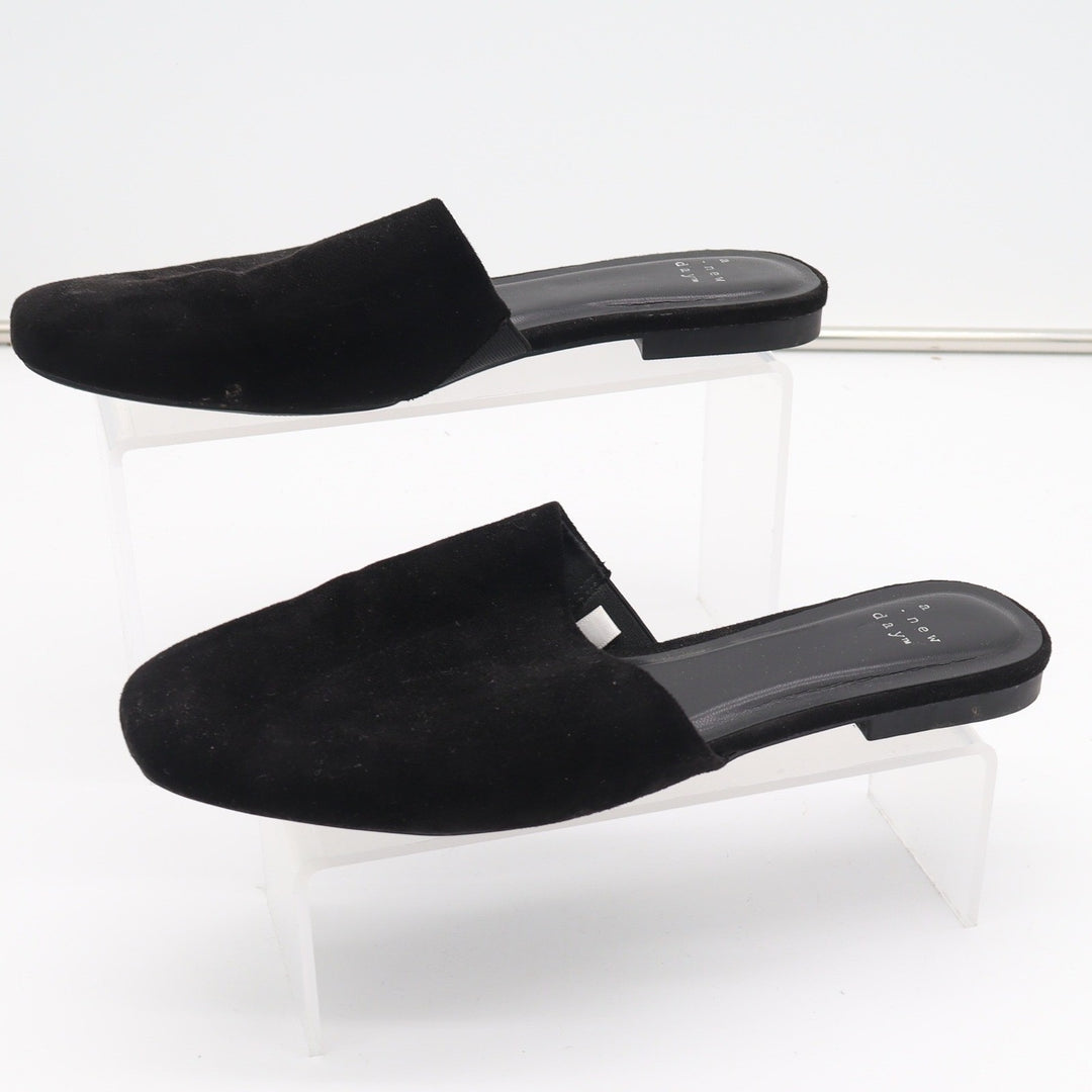 A New Day Womens Black Faux Suede Almond Toe Mules Flats Size 10 Slip On Shoes