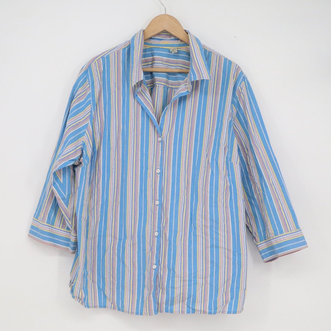 Izod Womens 2X Blue Pink Yellow Striped 3/4 Sleeve Button Front Shirt Stretch