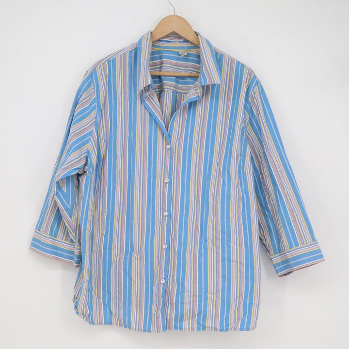 Izod Womens 2X Blue Pink Yellow Striped 3/4 Sleeve Button Front Shirt Stretch
