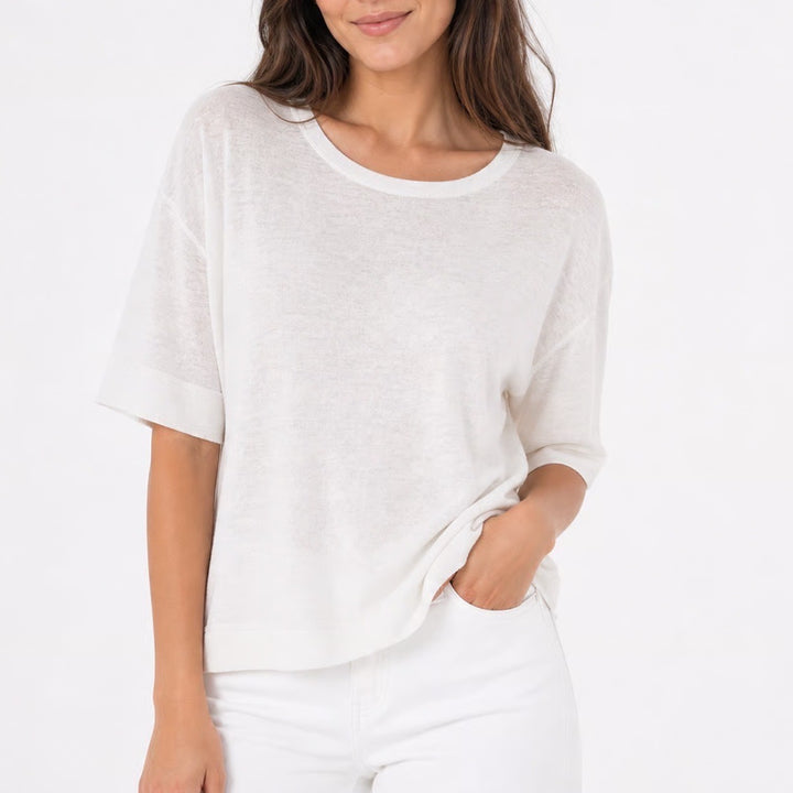 Athleta Womens White Tencel Modal Blend Elbow Sleeve Boxy Crew Neck Top Large