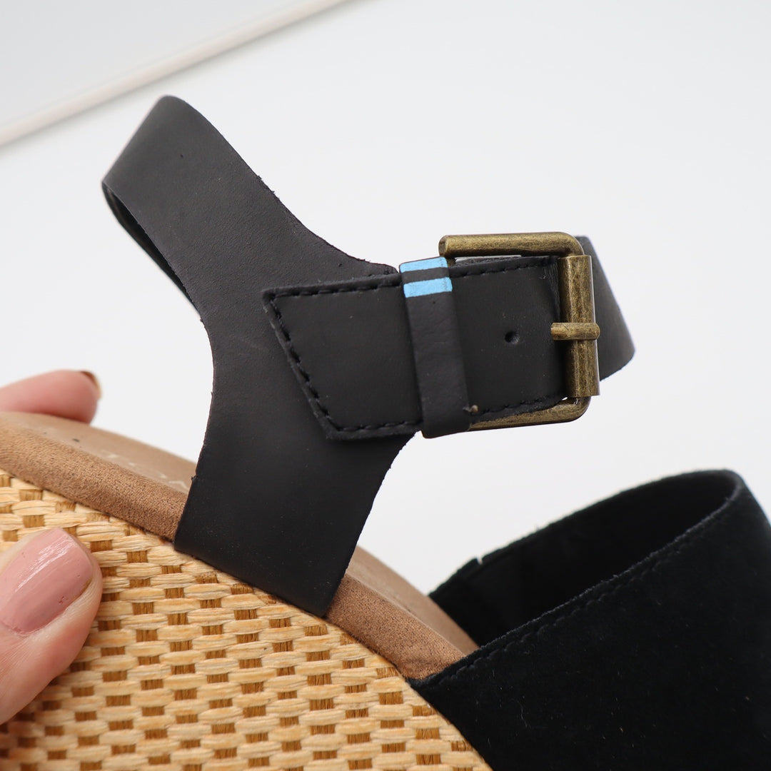 TOMS Tropez Black Suede Leather Wedge Sandals Peep Toe Ankle Strap Sz 9