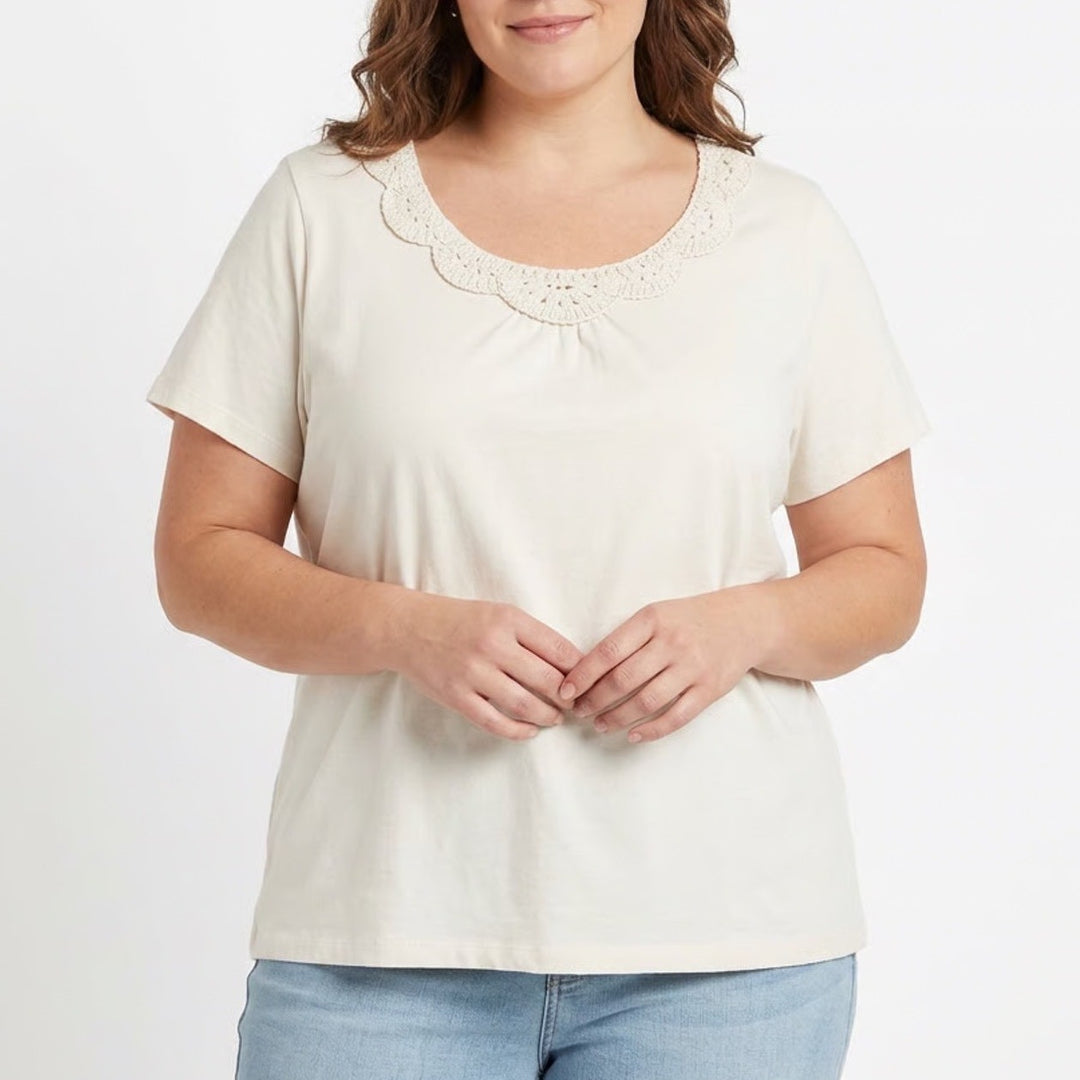 Croft & Barrow Woman Stretch Cream Crochet Neck Short Sleeve Tee Top Size 3X
