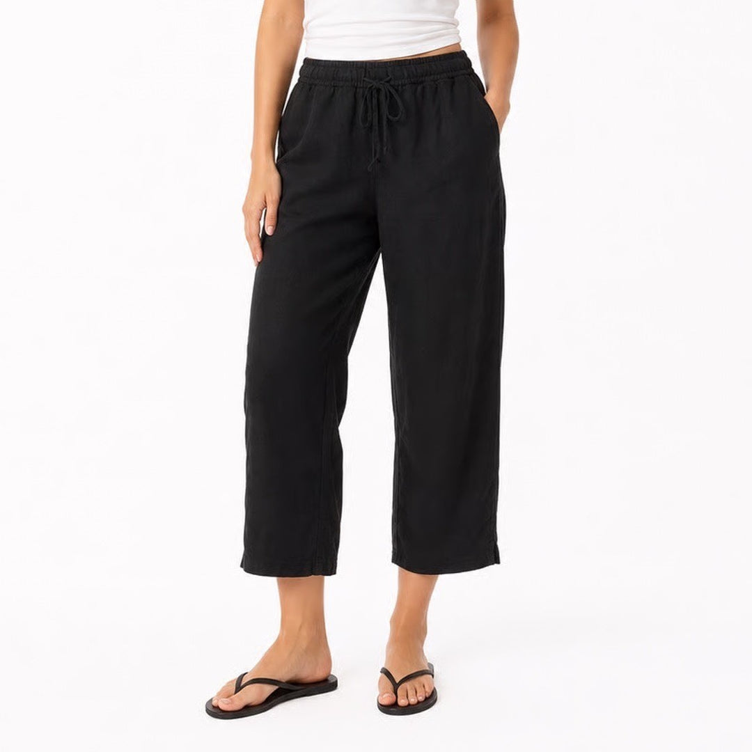 H&M Black Linen Blend Drawstring Elastic Waist Straight Leg Pants Small