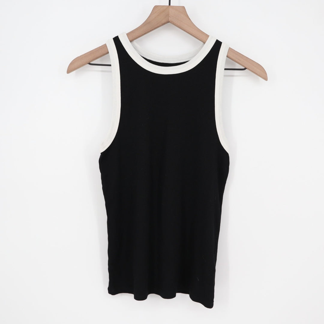 A New Days Tank Top Womens Large Black White Ribbed Knit Round Neck Yoga Running