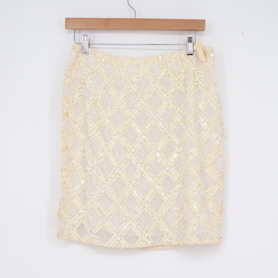 Oleg Cassini Black Tie Vintage Silk Beaded Sequin Diamond Mini Skirt Cream 12