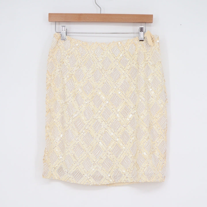 Oleg Cassini Black Tie Vintage Silk Beaded Sequin Diamond Mini Skirt Cream 12
