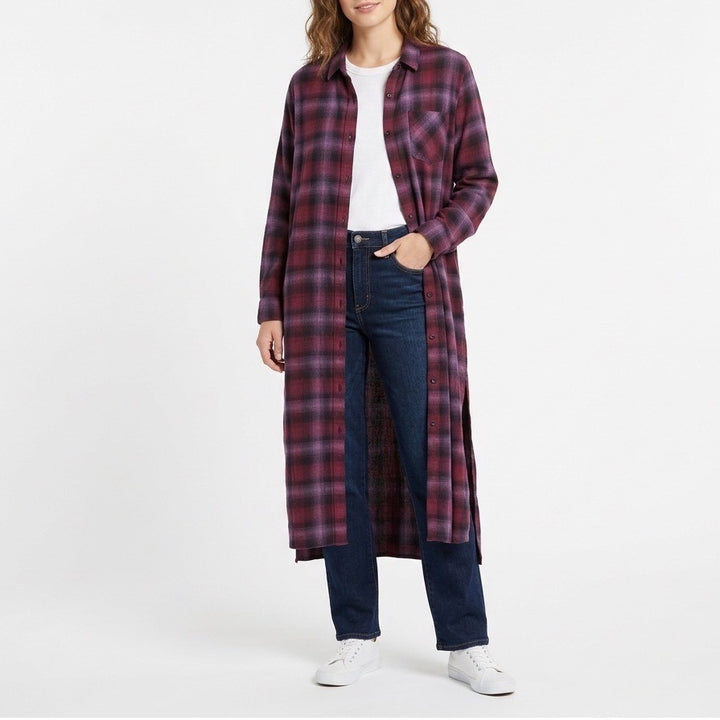 Bella Dahl Shirt Duster Dress Womens L Multi Plaid Roll Tab Sleeve Spread Collar