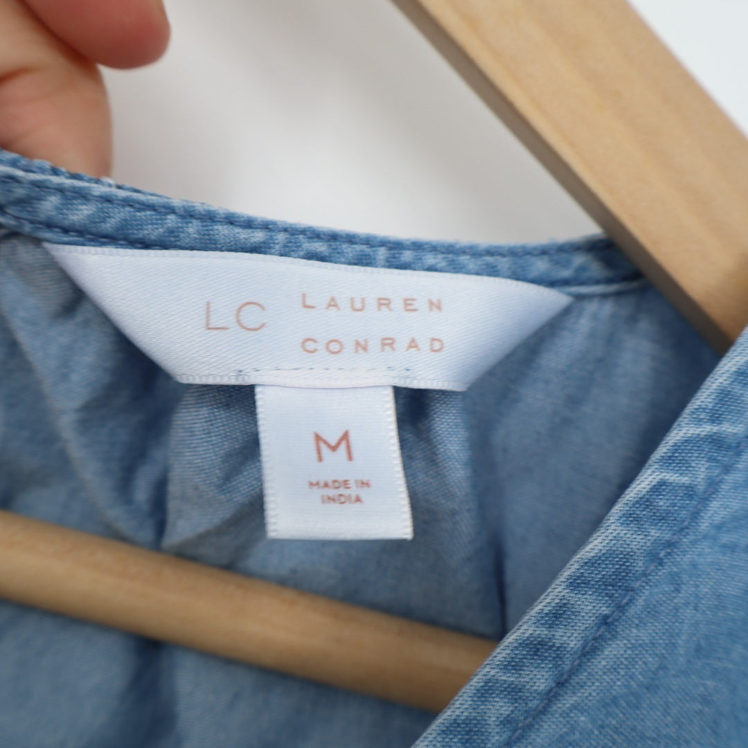 LC Lauren Conrad Blouse Womens Medium Blue Denim Pleated Short Sleeve Round Neck