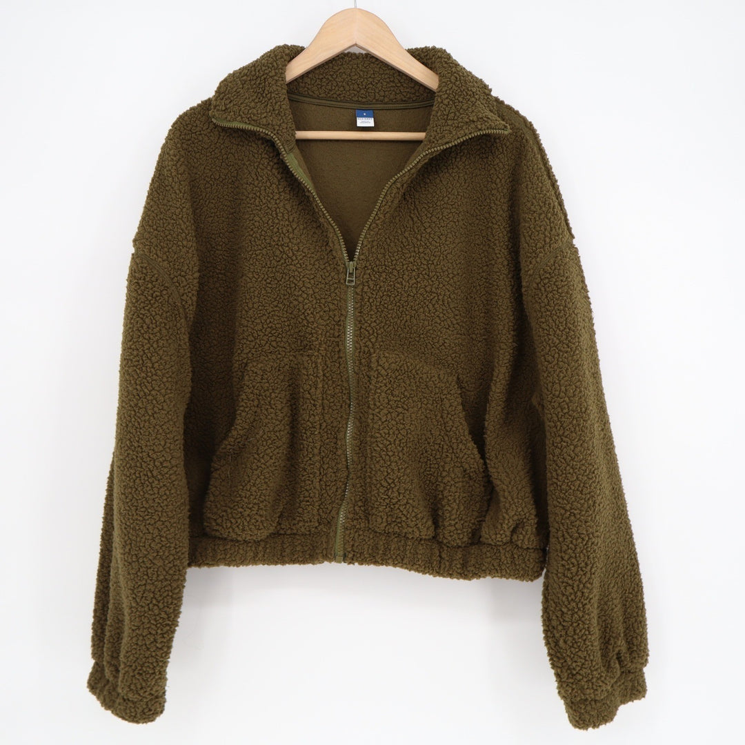 Old Navy Mens Small Olive Green Sherpa Fleece Full Zip Jacket Mock Neck