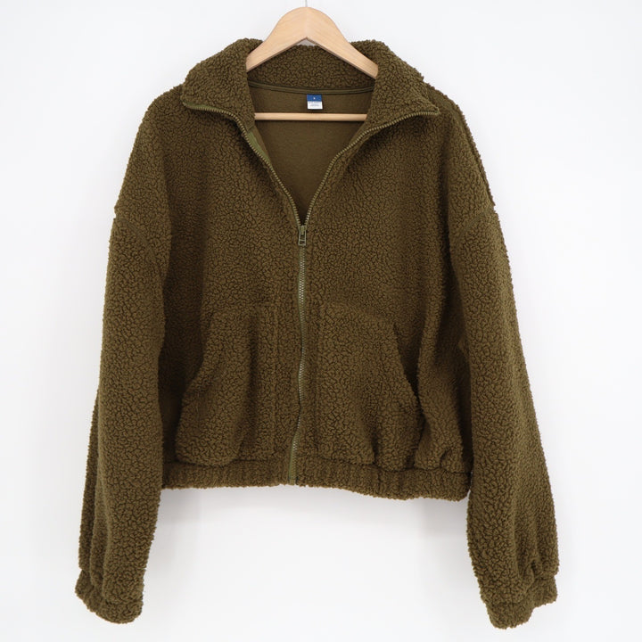 Old Navy Mens Small Olive Green Sherpa Fleece Full Zip Jacket Mock Neck