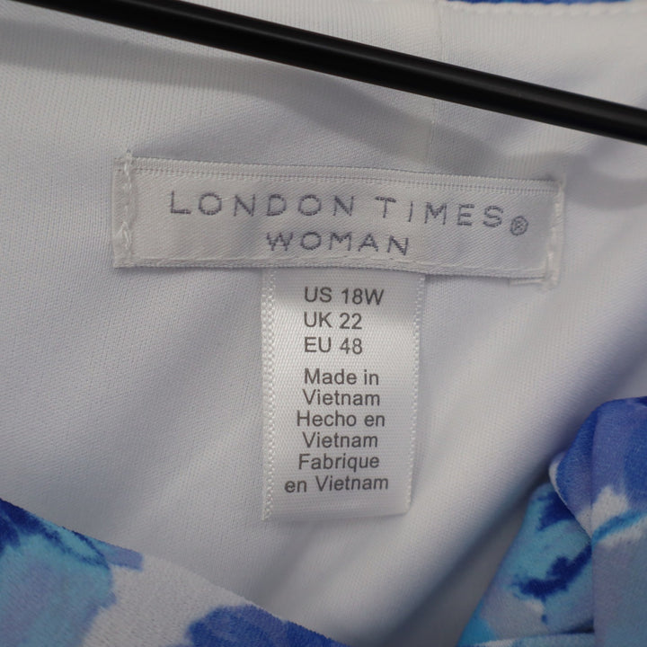 London Times Woman Blue Floral Bow Neck Midi Dress Size 18W NEW