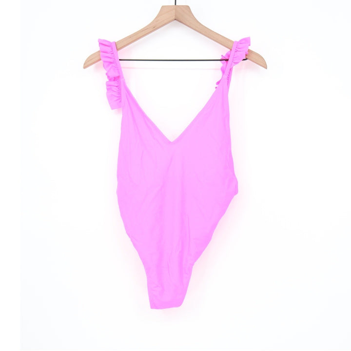 Pink Ruffle Strap V-Neck High Cut One Piece Swimsuit Size L
