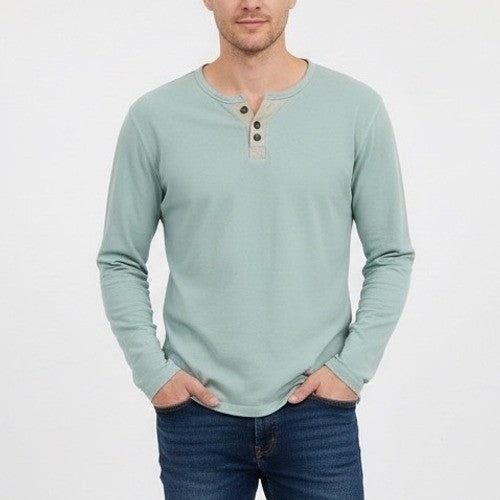 Long Sleeve Henley Shirt Size L Light Blue Cotton Blend Buttons