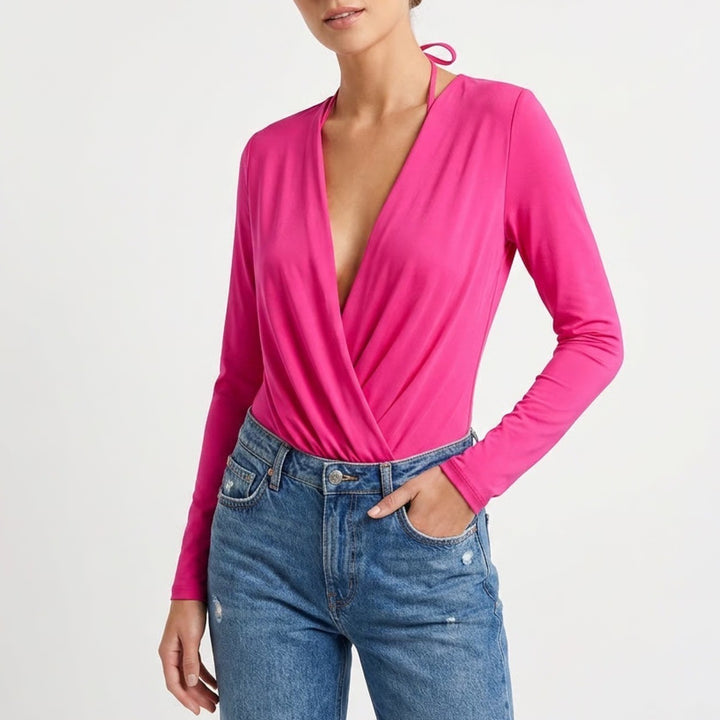 Express Hot Pink Deep V-Neck Long Sleeve Wrap Bodysuit Small