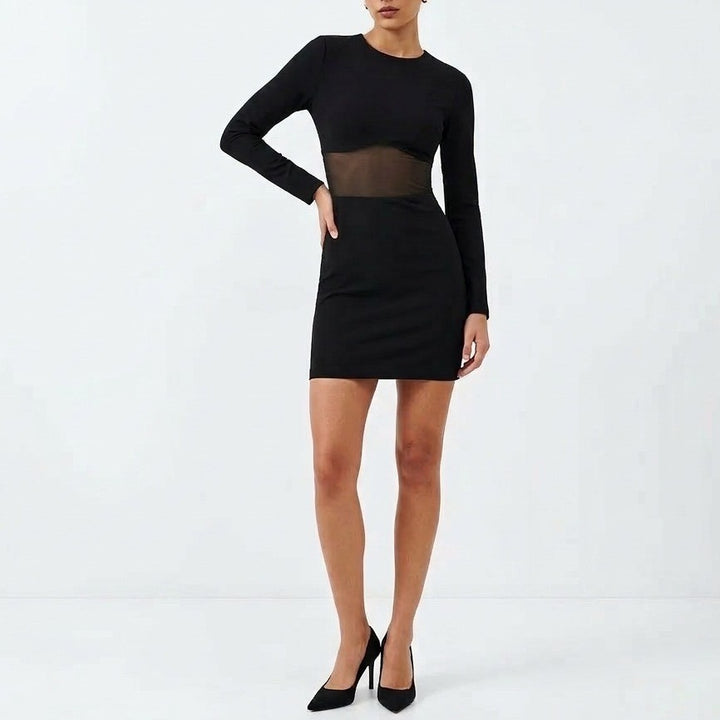 Zara Mini Dress Womens M Black Polyamide Stretch Corset Mesh Waist Long Sleeve